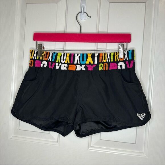 Y2K ROXY Black Multicolor Logo Lightweight Beach Shorts Sz 9 Coconut Girl Scene - Picture 1 of 6